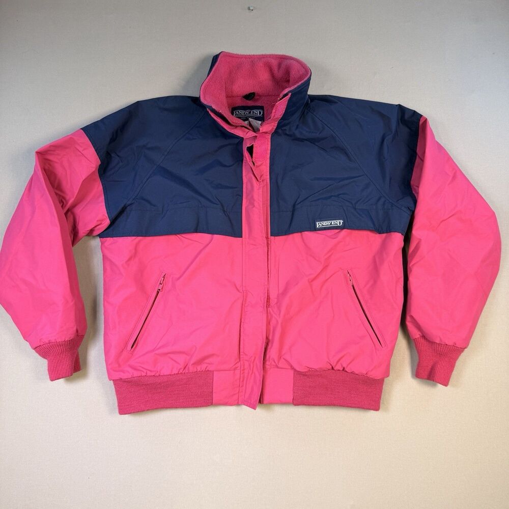 VTG 80s Lands End Gore-Tex Jacket Womens L Neon Pink Blue USA Colorblock Ski